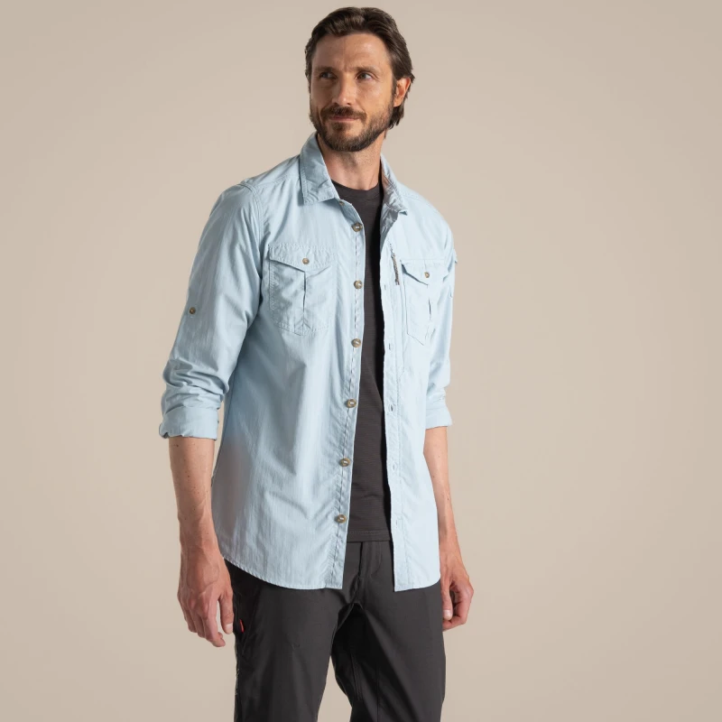Image of Craghoppers Craghoppers Men 'Nosilife Adventure' Long Sleeve Insect RepellenT-Shirt in Blue Size: Small Blue S Male 5063260001410