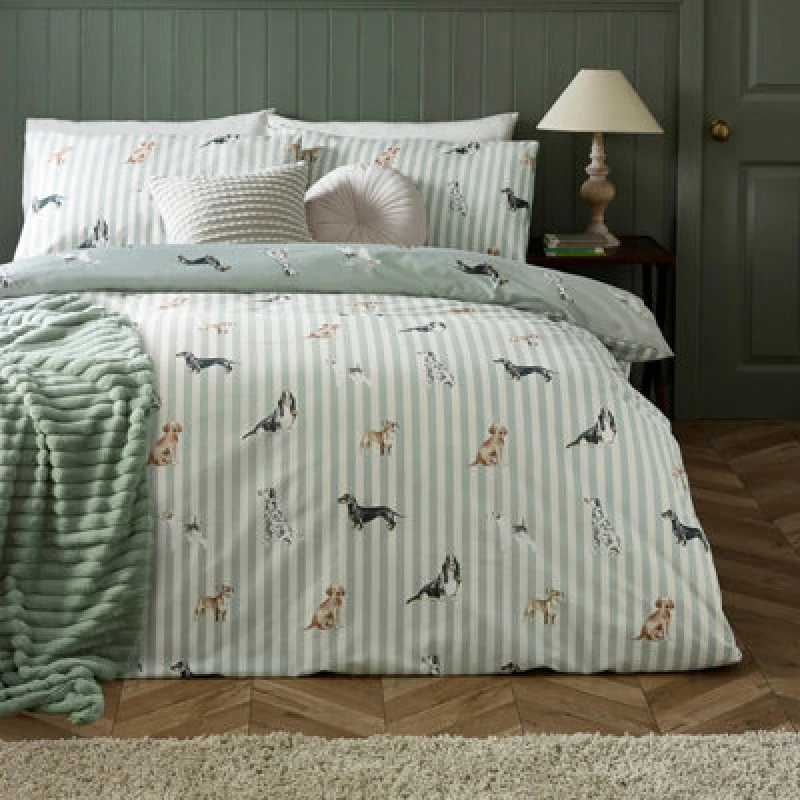 Image of Catherine Lansfield Dog Stripe Reversible Double Duvet Cover Set With Pillowcases Green