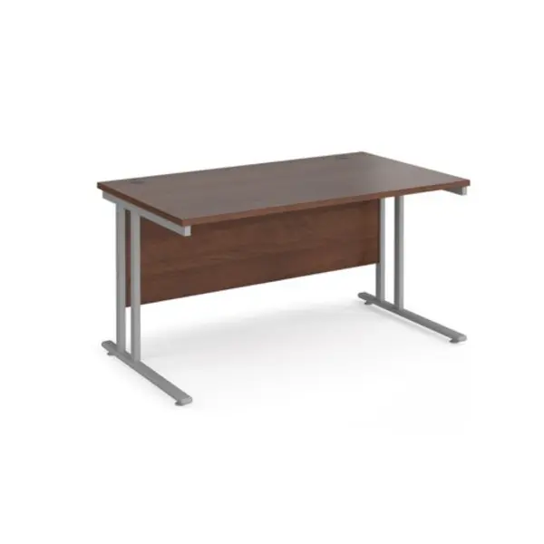 image of Office Desk 1400mm Rectangular Desk With Cantilever Leg Walnut Tops With Silver Frames 800mm Depth Maestro 25