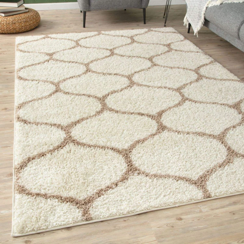 Image of THE RUGS Soft Trellis Shaggy Rugs & Runners Ivory & Beige Living Room Size: 140cm x 200cm Beige Unisex 140cm x 200 cm