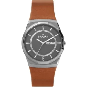 Image of Skagen Melbye Three-Hand Day-Date Brown Leather Watch