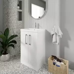 image of Arno Compact Floor Standing 2-Door Vanity Unit with Ceramic Basin 500mm Wide - Gloss White - Nuie