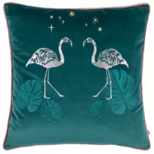 image of Dusk Flamingo Embroidered Piped Velvet Cushion Teal, Teal / 50 x 50cm / Polyester Filled