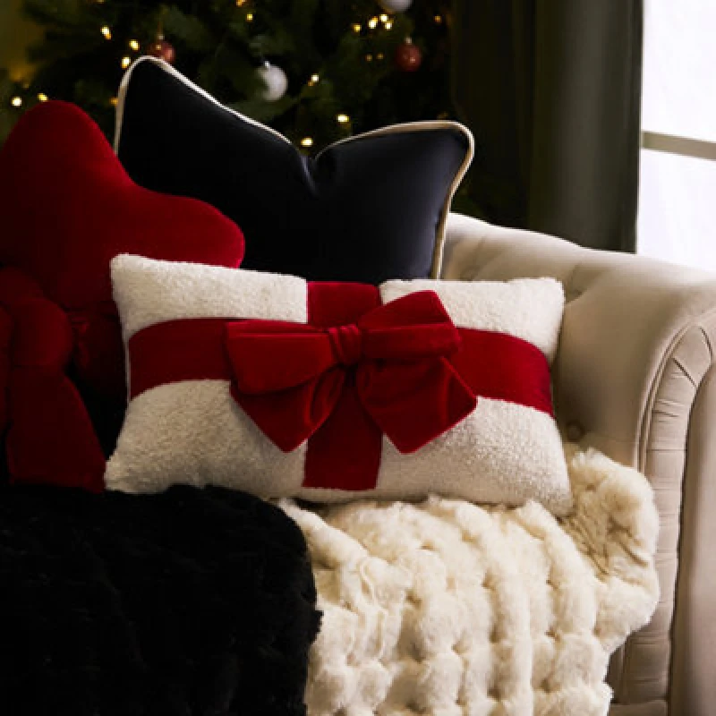 Image of OHS OHS Bow Wrapped Boucle Throw Pillow Scatter Cushion in Red Red One Size Unisex 5027434226856