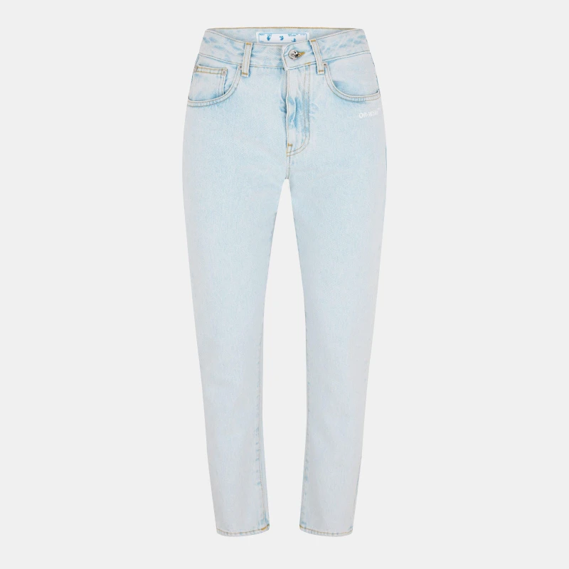 Image of Off White Womens Cropped Logo Cotton Straight Leg Jeans Blue/White female 26 L32