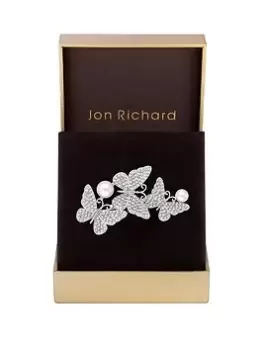 image of Jon Richard Rhodium Plated Crystal Pave Triple Butterfly And Pearl Brooch - Gift Boxed, Silver, Women