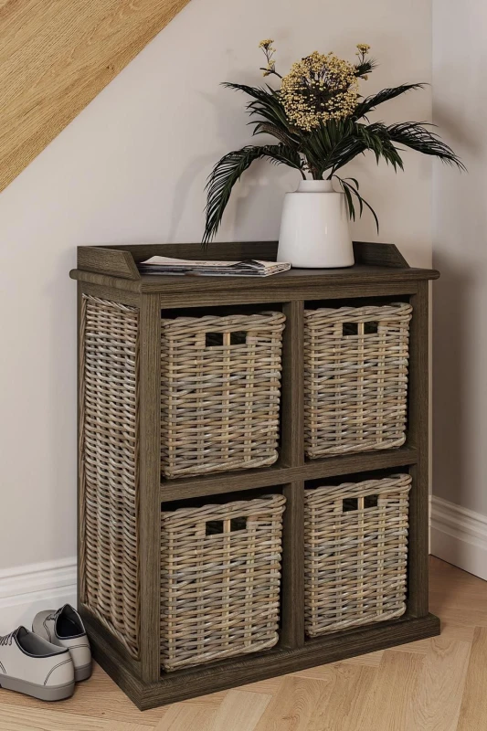 Image of FWStyle 4 Drawer Storage Unit Kubu Rattan Solid Mahogany Ready Assembled Handmade Brown