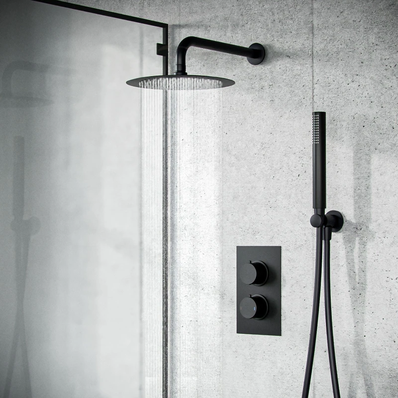 Image of Nes Home Temel Black Matt Round Concealed Thermostatic Mixer Valve Hand Held Shower Set Black Unisex
