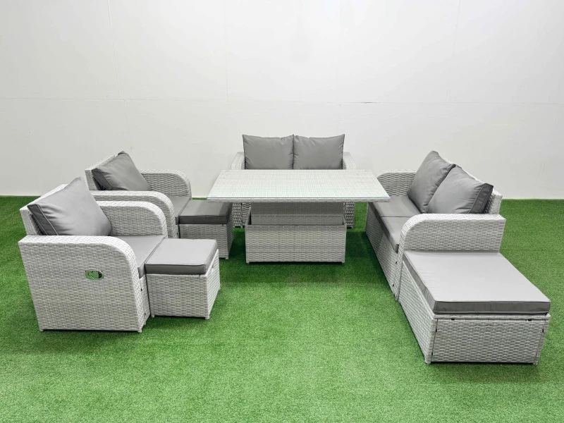 Image of Fimous 9 Seater Outdoor Reclining Chair Love Sofa Set Rattan Garden Furniture Set with Adjustable Lifting Dining or Coffee Table 3 Stools Light Grey L