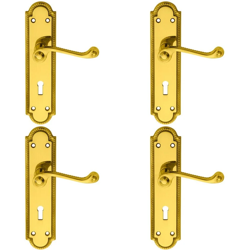 Image of Loops 4x PAIR Reeded Scroll Handle on Shaped Lock Backplate 205 x 49mm Polished Brass Metallics