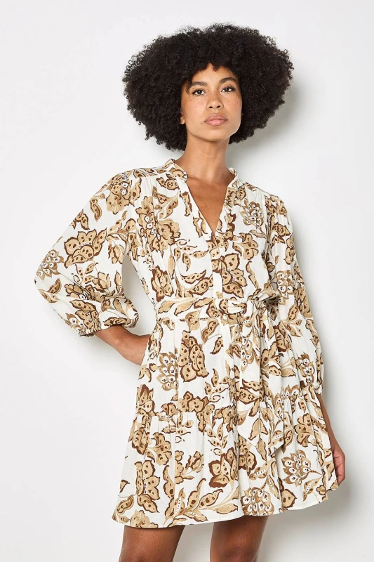 Image of Apricot Womens Painterly Sarasa Floral Mini Dress in Cream Size: 12 Cream Female 12