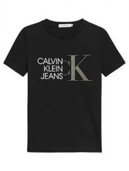 Image of Calvin Klein Jeans Boys Hybrid Logo Fitted T-Shirt - Black, Size 14 Years