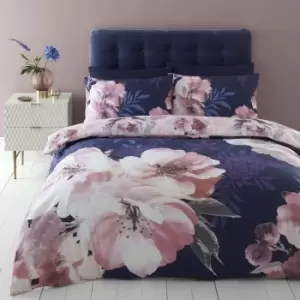 image of Catherine Lansfield Dramatic Floral Navy Reversible Duvet Cover and Pillowcase Set Navy Blue/Pink/White