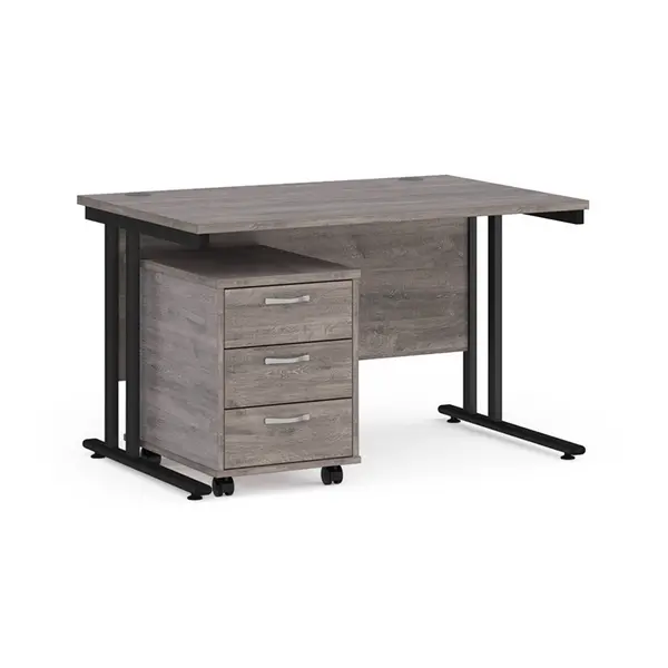 image of Maestro 25 Straight Desk Black Frame Grey Oak Table Top and 3 Drawer Pedestal - 1200mm