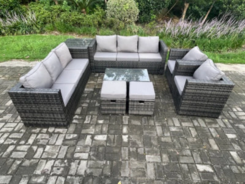 Image of Fimous Outdoor Lounge Sofa Set Wicker PE Rattan Garden Furniture Set with 2 Armchairs Oblong Coffee Table Side Table Dark Grey