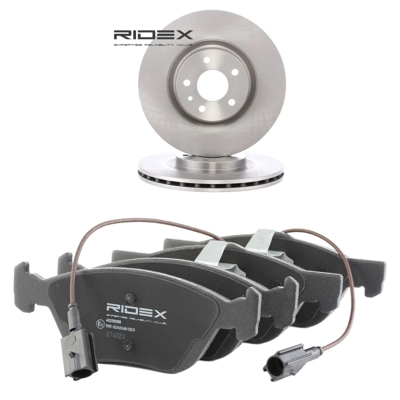 Image of RIDEX 3405B2791 Brake disc and pads set Front Axle, Brake Disc Type: internally vented, incl. wear warning contact Brake Set,disc brakes (3405)