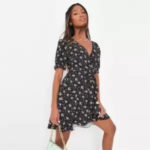 Missguided Wrap Ss Printed Tea Dress Ditsy - Black