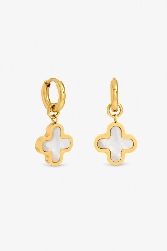 Image of Jon Richard Womens Gold Plated Waterproof Mother of Pearl Clover Huggie Earrings Gold Female One Size