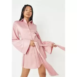 Image of Missguided Tie Waist Satin Dress - Pink