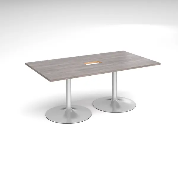 Image of Trumpet Base Rectangular Office Boardroom Table with Power Module Cut Out - Grey Oak - Silver Base - W1800mm