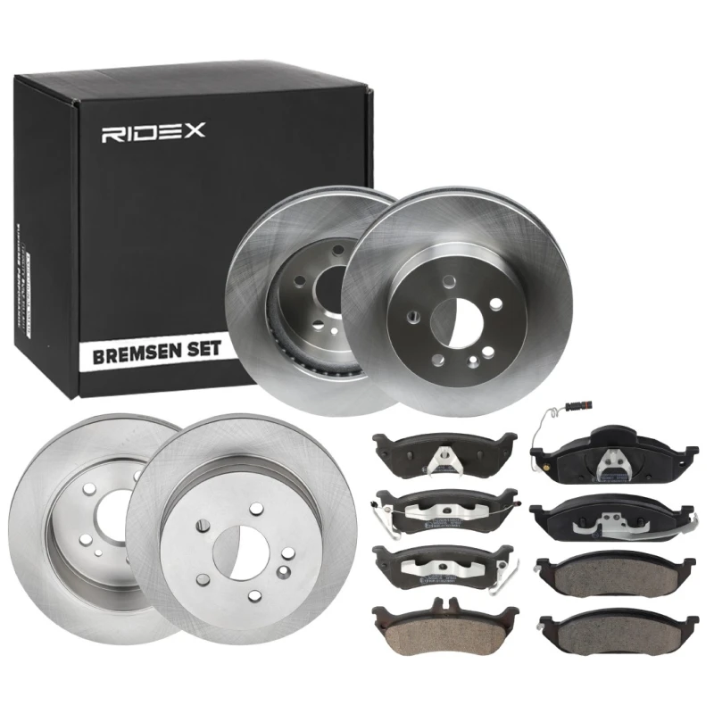 Image of RIDEX 3405B0480 Brake disc and pads set Rear Axle, Brake Disc Type: Solid, incl. wear warning contact, with piston clip Brake Set,disc brakes (3405)