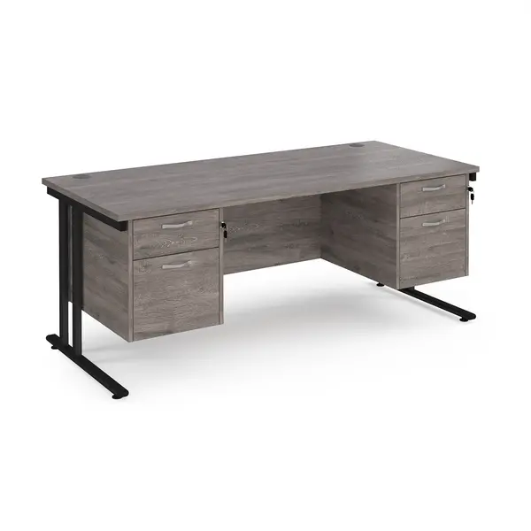 image of Maestro 25 straight desk 1800mm x 800mm with two x 2 drawer pedestals - Black cantilever leg frame, grey oak top