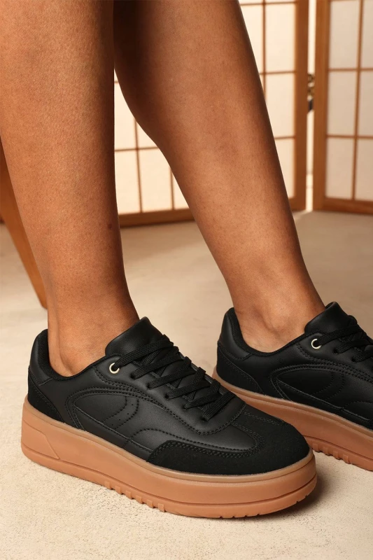 Image of Where's That From Womens 'Yulia' Low Wedge Lace up trainer with leopard print heel detail in Black Size: 4 Black Female 4