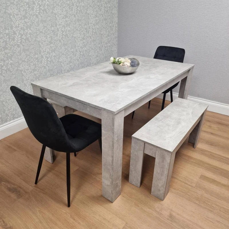 Image of KOSY KOALA Dining Table with 2 Black Velvet Chairs & 2 Stone Grey Benches Modern Dining Room Furniture Set Grey Unisex