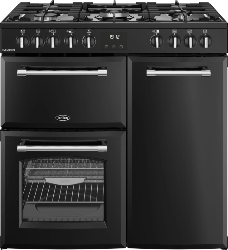 Image of Belling Farmhouse 90DF 90cm wide Dual Fuel Range Cooker with Gas Hob - Black - A/A Rated