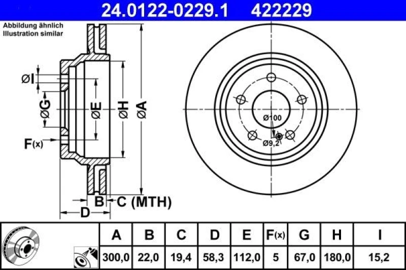 Image of ATE 24.0122-0229.1 Brake disc Vented, Coated, Alloyed/High-carbon Brake Disc (82)