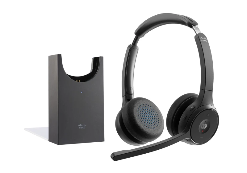 Image of Cisco Cisco Headset 722, Wireless Dual On-Ear Bluetooth Headphones, Webex Button, USB-A HD Bluetooth Adapter, Soft Case, Charging Stand, Carbon Black,
