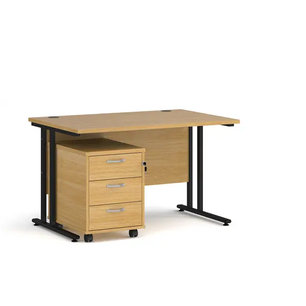 image of Maestro 25 Straight Desk Black Frame Oak Table Top and 3 Drawer Pedestal - 1200mm