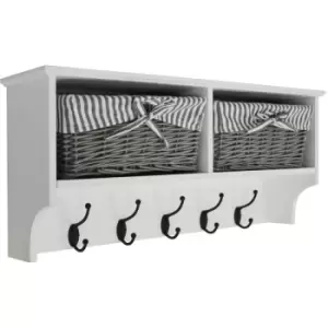 image of Watsons - hallway - Wall Storage Shelf with 2 Baskets and 5 Coat Hooks - White / Grey - White / Grey / Black