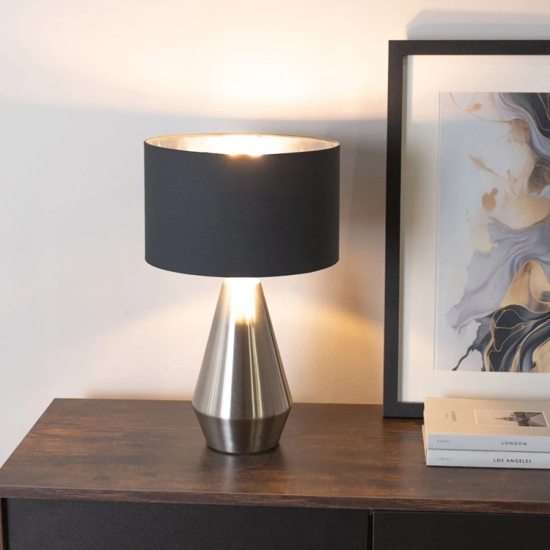 Image of ValueLights ValueLights Jax Chrome Dimmable Touch Table Lamp with Fabric Drum & Chrome Inner Lamp Shade in Black One Size Unisex 5059406060304