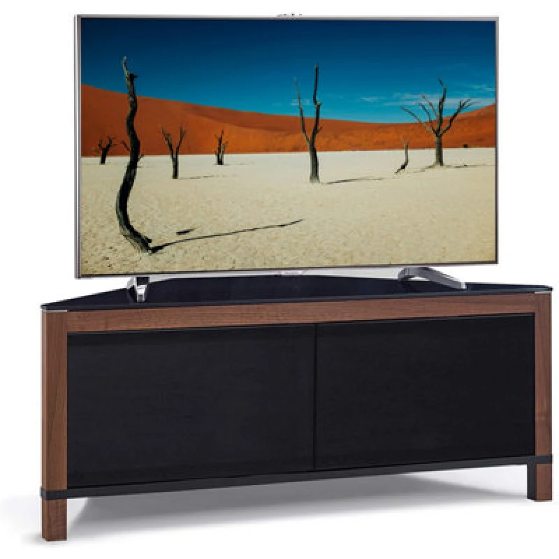 Image of Mda Designs Volans Tru-Corner Remote Friendly Doors Walnut/black Reversible Panel Lcd/plasma/led TV Up To 42" Corner TV Cabinet
