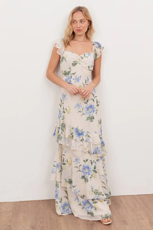 Image of Anaya with Love Womens Flutter Sleeve Asymmetric Ruffle Maxi Dress in Off-White Size: 8 Off-White Female 8