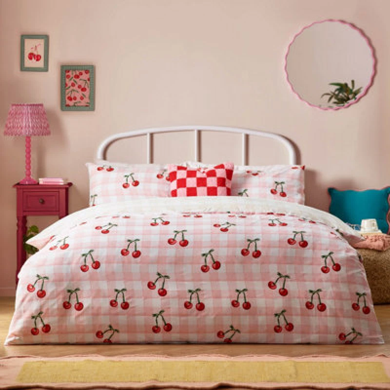 Image of Heya Home Cherry Gingham Printed Duvet Cover Set in Pink Size: Single Pink Unisex Single