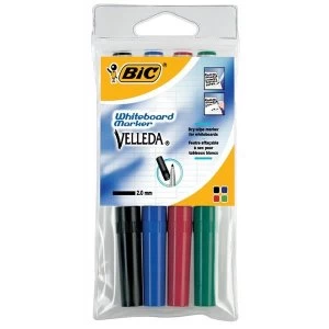 image of Bic Velleda 1741 Bullet Tip Whiteboard Marker Line Width 2mm Assorted Colours Black Blue Red Green Pack of 4 Markers