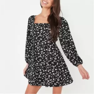 Missguided Tie Back Ls Floral Mini Dress - Black