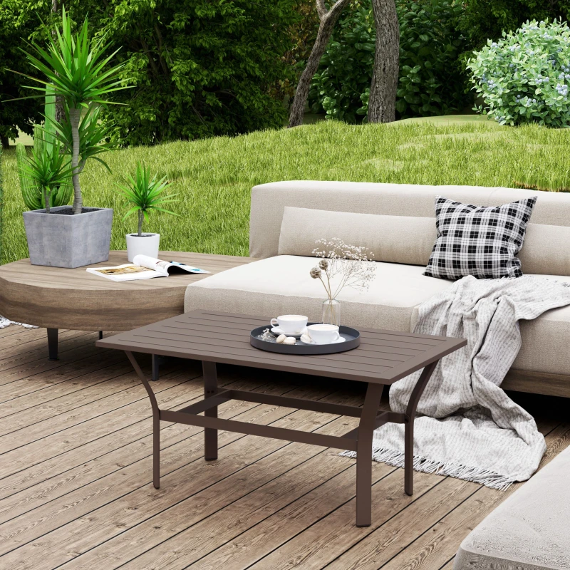 Image of OUTSUNNY Metal Garden Coffee Table with Slatted Tabletop, Brown Brown Unisex