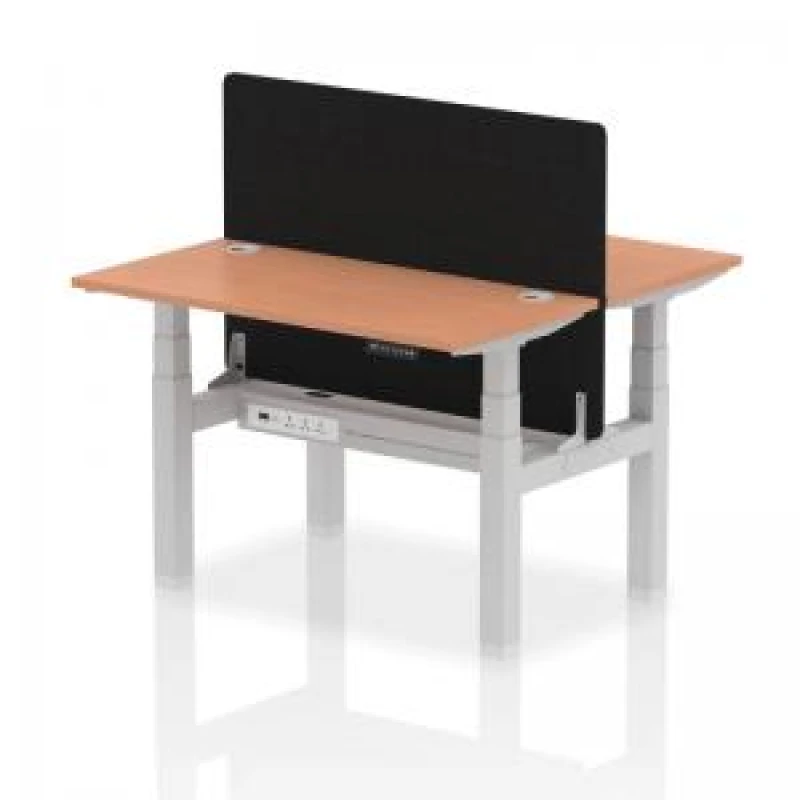 Image of Air Back - to - Back 1200 x 600mm Height Adjustable 2 Person Bench Office Desk Beech Top - Cable Ports Silver Frame - Black Straight Screen