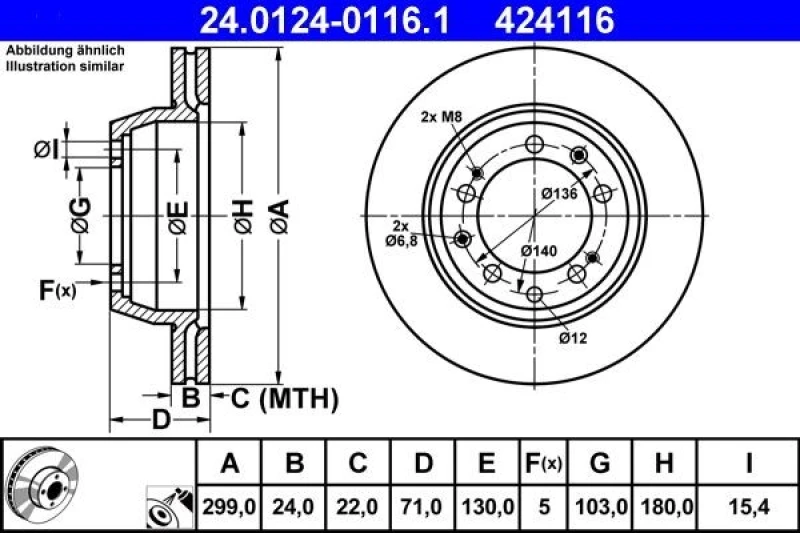 Image of ATE 24.0124-0116.1 Brake disc Vented, Coated, Alloyed/High-carbon Brake Disc (82)