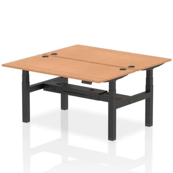 Image of Air Air Back-to-Back 1600 x 800mm Height Adjustable 2 Person Bench Desk Oak Top with Cable Ports Black Frame HASCP2P16800OAKB