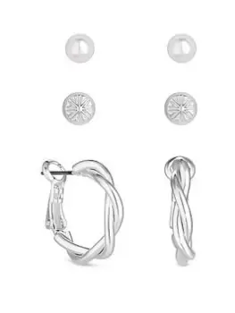 Image of Mood Silver Polished Twist Hoop And Pearl Stud Earrings - Pack Of 3