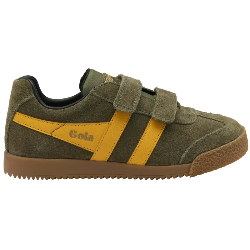Image of Gola Classics 'Harrier Strap' Suede Trainers in Khaki Size: Infant 9 Khaki Unisex Infant 9