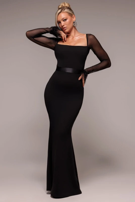 Image of Goddiva Womens Dobby Mesh Feather Sleeve Evening Maxi Dress in Black Size: 16 Black Female 16