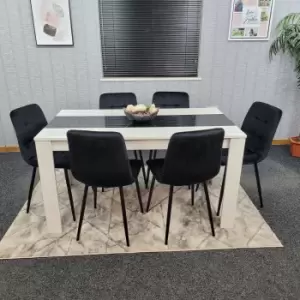Image of Kitchen Dining Table Set Of 6 Wooden Table and Velvet Tufted Chairs