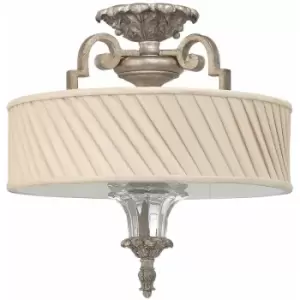 Image of 3 Bulb Semi Flush Light Ivory Pleated Fabric Shade Silver Leaf LED E27 75W