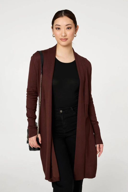 Image of Izabel London Womens Open Front Longline Relaxed Cardigan in Brown Size: 16 Brown Female 16
