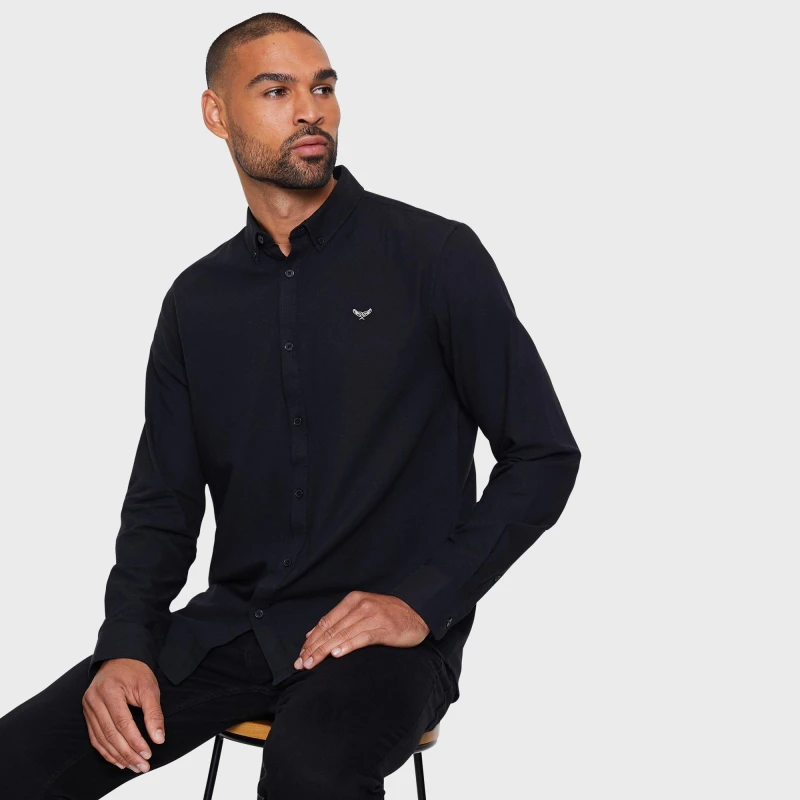 Image of Threadbare Threadbare Men Oxford Cotton 'Beacon' Long Sleeve Shirt in Black Size: Medium Black M Male 7625914050489